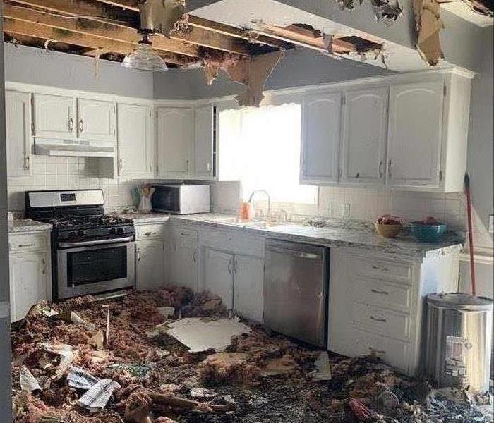 A kitchen affected by a fire 